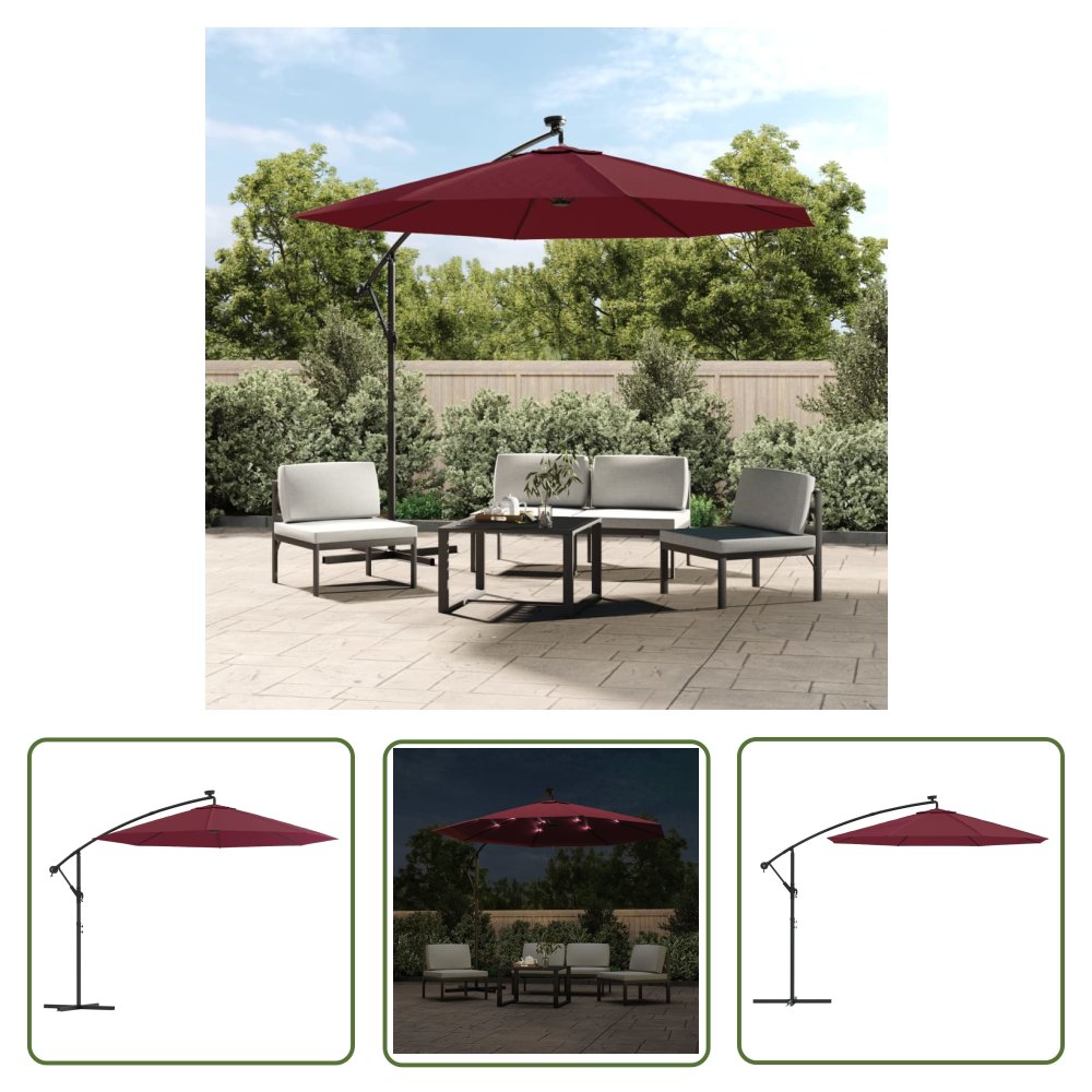 The Living Store Parasol wiszący z LED i stalowym słupkiem - winna czerwień - Parasol Wiszący