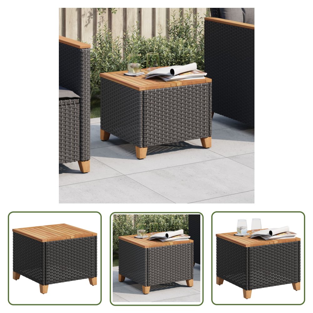 The Living Store Stolik ogrodowy - czarny - 45x45x37 cm - polirattan i akacja - Stolik Ogrodowy