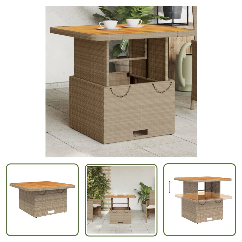 The Living Store Stół ogrodowy - beżowy - 80x80x71 cm - polirattan i akacja - Stół Ogrodowy