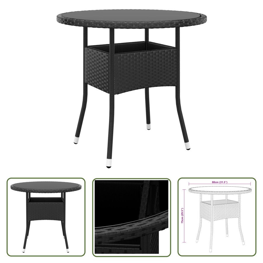The Living Store Stolik ogrodowy - Ø80x75 cm - szkło hartowane i rattan PE - czarny - Stół