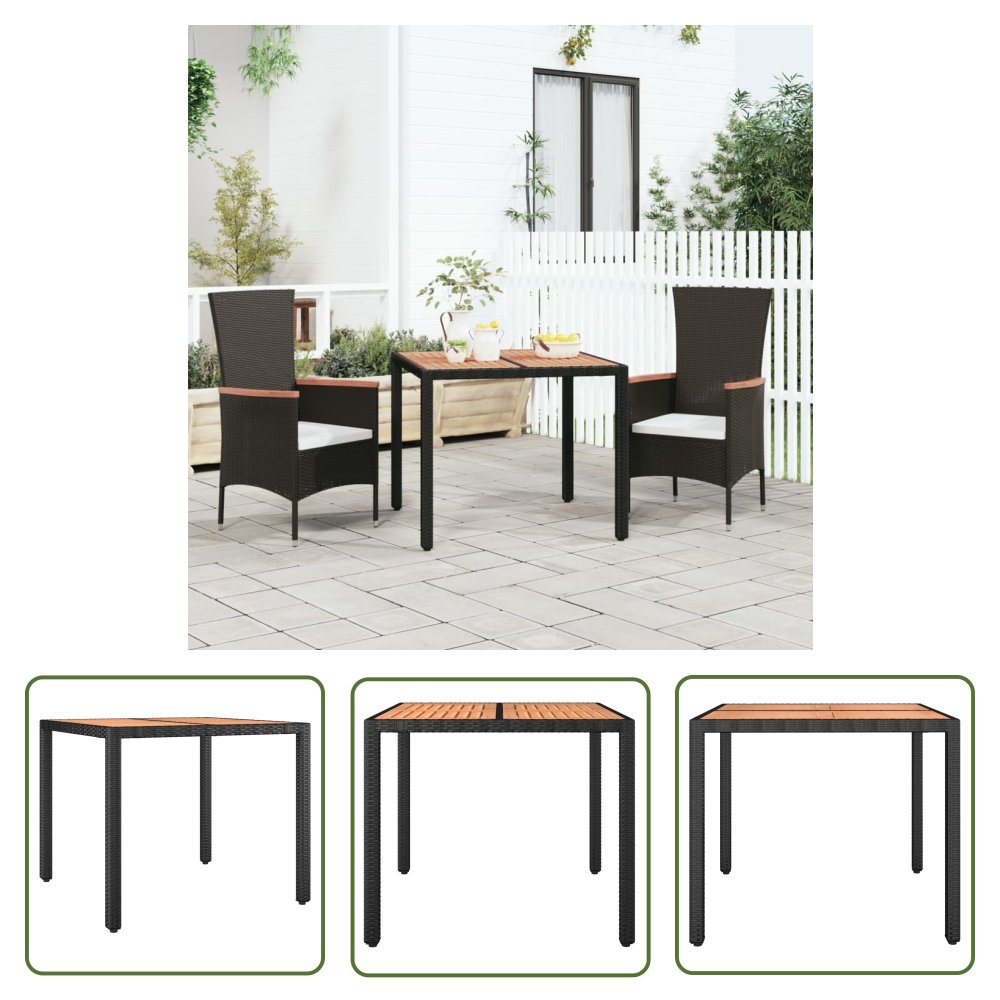 The Living Store Stół ogrodowy z drewnianym blatem - czarny rattan PE i akacja - Stół Ogrodowy