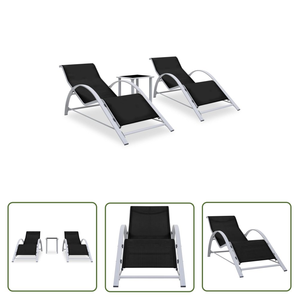 The Living Store Leżaki ze stolikiem - 2 szt. - aluminium - czarne - Leżak