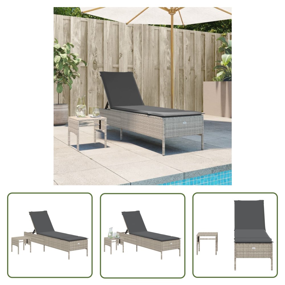 The Living Store Leżak ze stolikiem i poduszką - jasnoszary - polirattan - Leżak