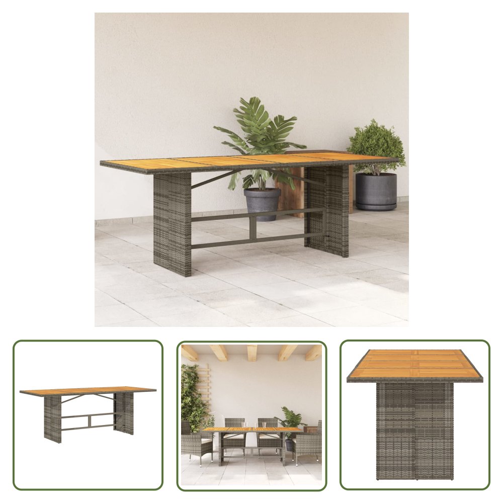 The Living Store Stół ogrodowy z akacjowym blatem - szary 190x80x74 cm - rattan PE - Stół Ogrodowy