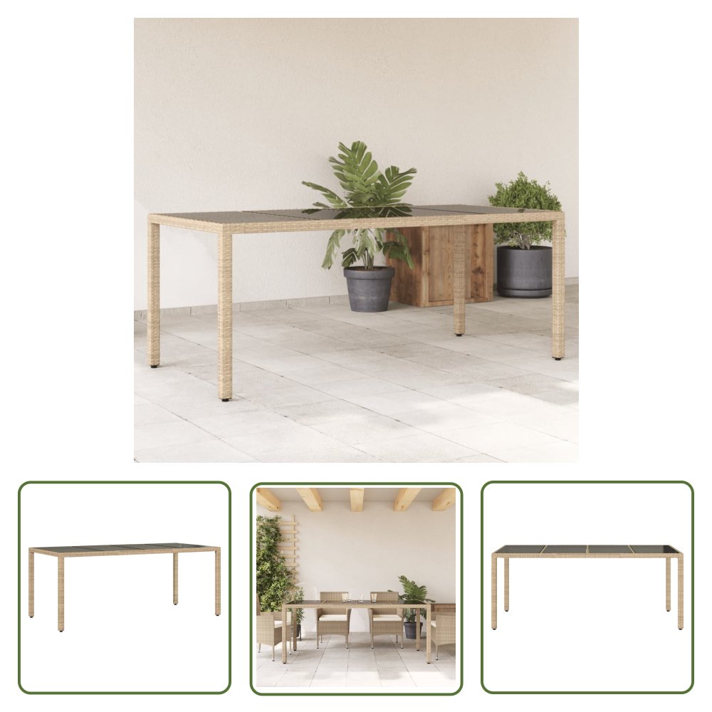 The Living Store Stół ogrodowy ze szklanym blatem - beż - 190x90x75 cm - polirattan - Stół Ogrodowy