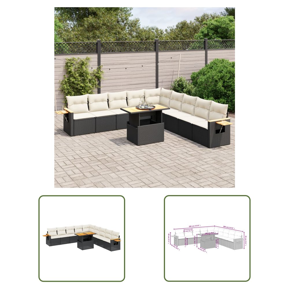 The Living Store 11-cz. zestaw wypoczynkowy do ogrodu - poduszki czarny rattan PE - Sofa Ogrodowa