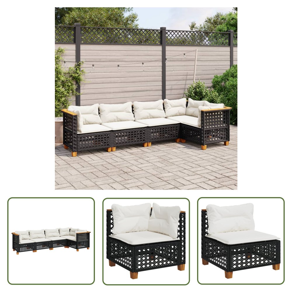 The Living Store 5-cz. zestaw wypoczynkowy do ogrodu - poduszki - czarny rattan PE - Sofa Ogrodowa