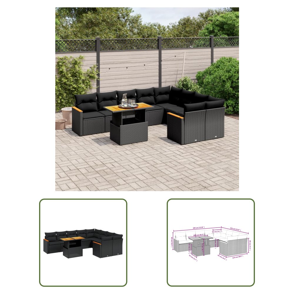 The Living Store 10-cz. zestaw wypoczynkowy do ogrodu - poduszki czarny rattan PE - Sofa Ogrodowa