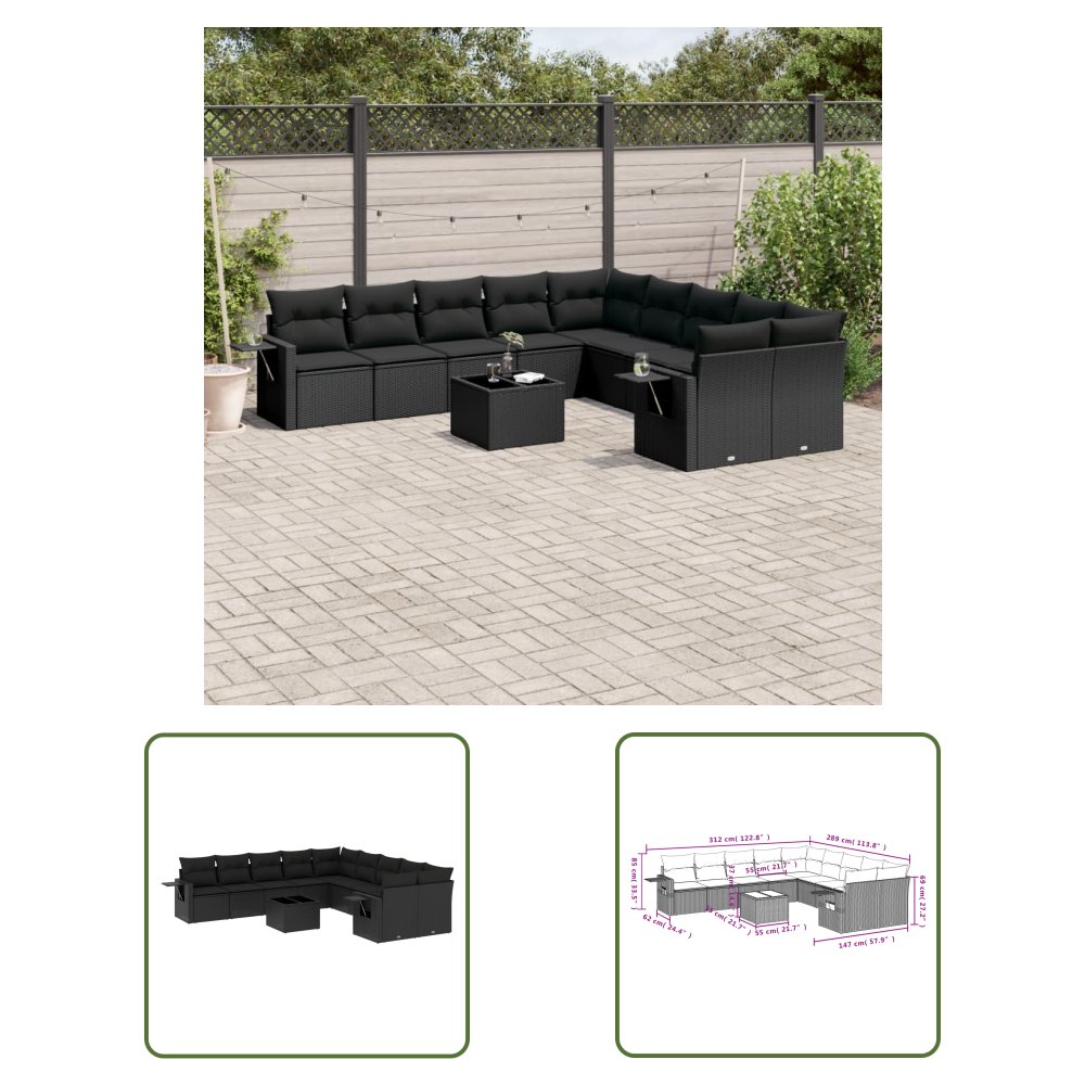 The Living Store 11-cz. zestaw wypoczynkowy do ogrodu - poduszki czarny rattan PE - Sofa Ogrodowa
