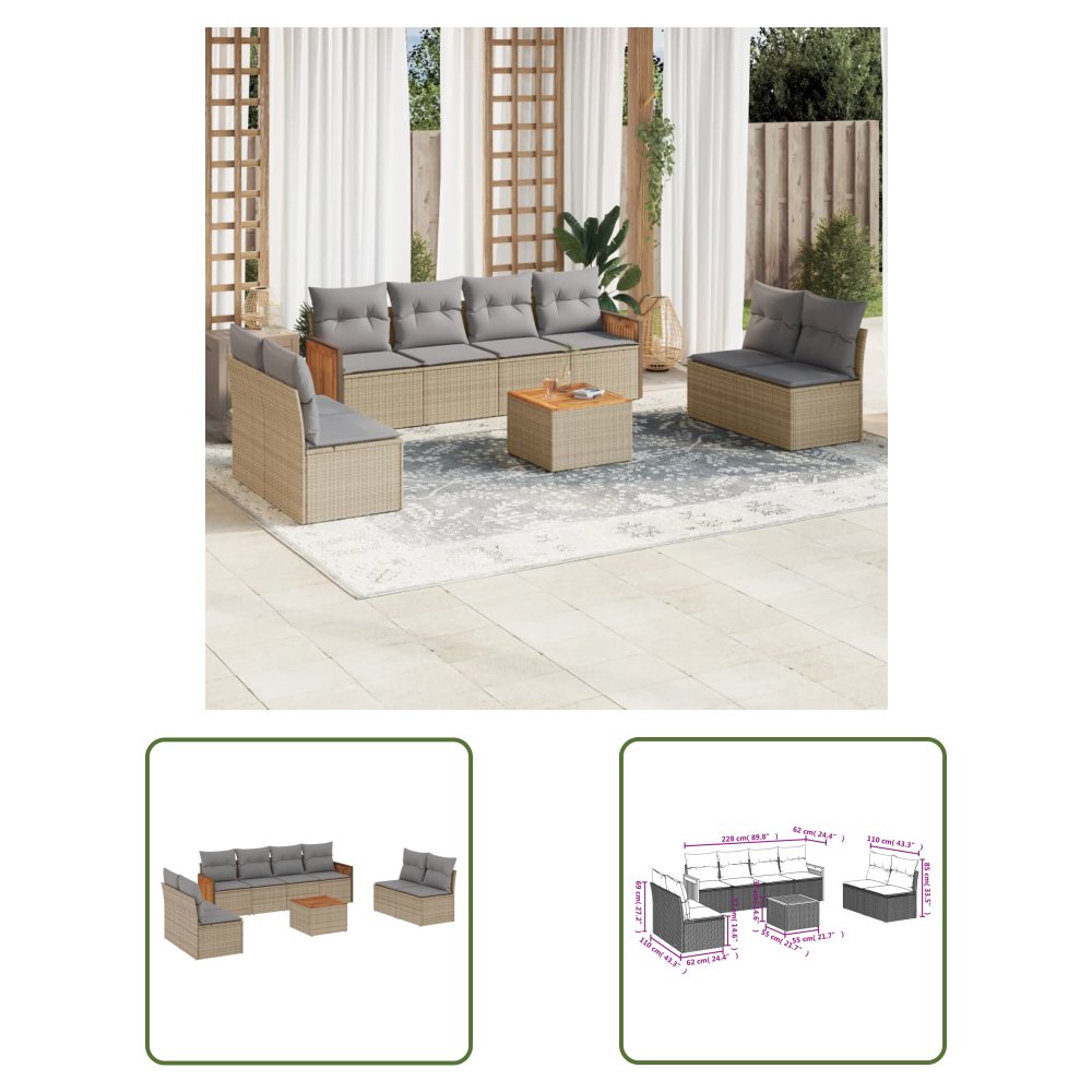 The Living Store 9-cz. zestaw mebli ogrodowych z poduszkami - beżowy - polirattan - Sofa Ogrodowa