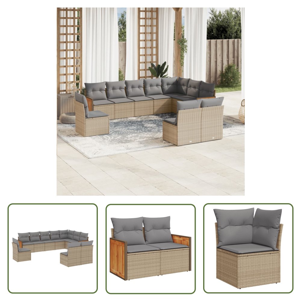 The Living Store 10-cz. zestaw mebli ogrodowych z poduszkami - beżowy - polirattan - Sofa Ogrodowa