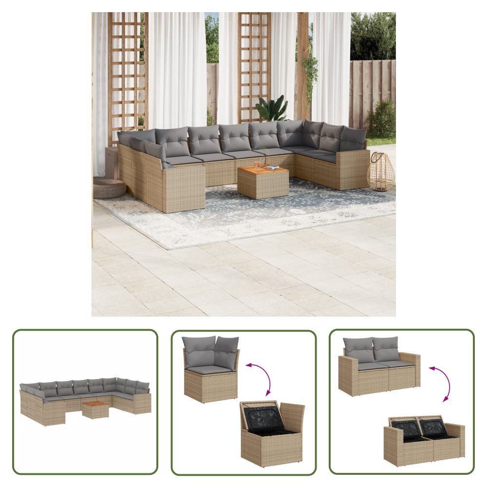 The Living Store 11-cz. zestaw mebli ogrodowych z poduszkami - mieszany beż - Sofa Ogrodowa