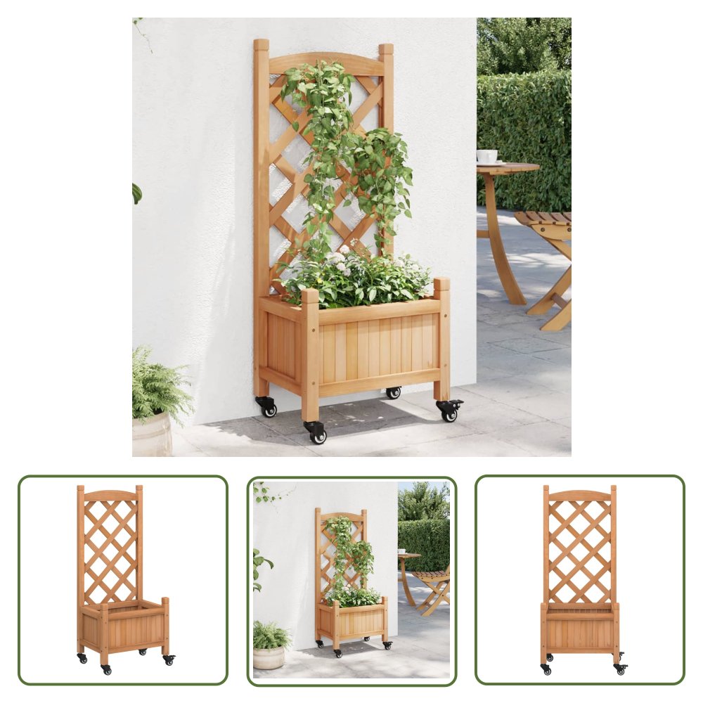 The Living Store Donica z trejażem i kółkami - brązowa - lite drewno jodłowe - Skrzynia Na Rośliny
