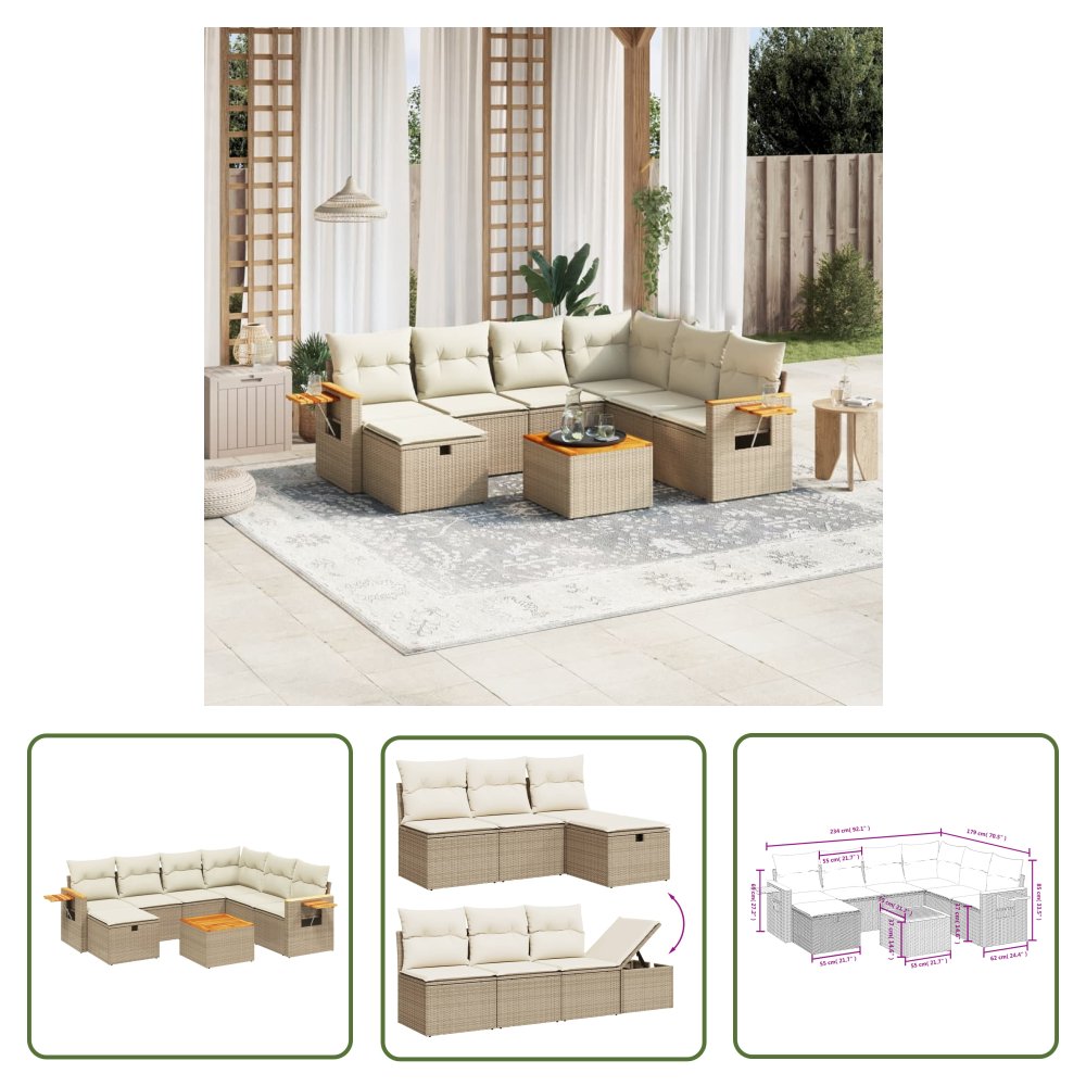 The Living Store 8-cz. zestaw mebli ogrodowych z poduszkami - beżowy - polirattan - Sofa Ogrodowa