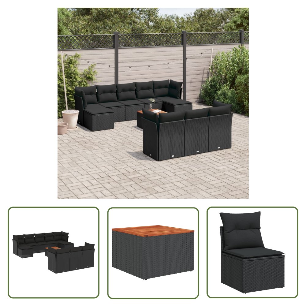 The Living Store 11-cz. zestaw wypoczynkowy do ogrodu - poduszki czarny rattan PE - Sofa Ogrodowa