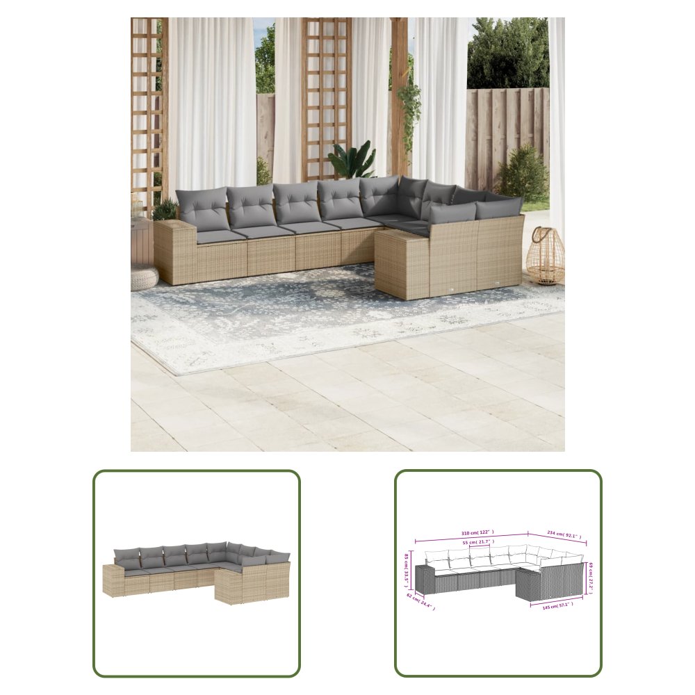 The Living Store 9-cz. zestaw mebli ogrodowych z poduszkami - beżowy - polirattan - Sofa Ogrodowa