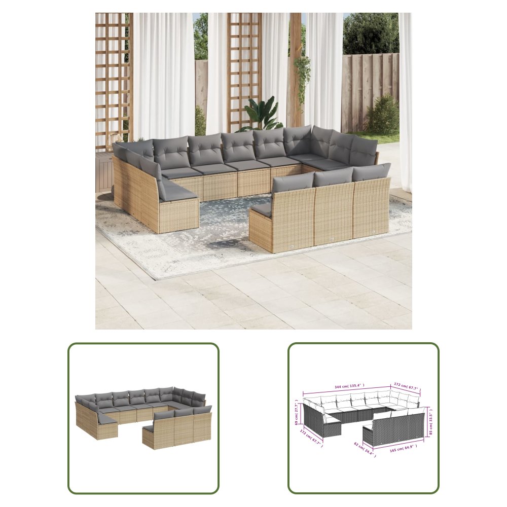 The Living Store 13-cz. zestaw mebli ogrodowych z poduszkami - beżowy - polirattan - Sofa Ogrodowa