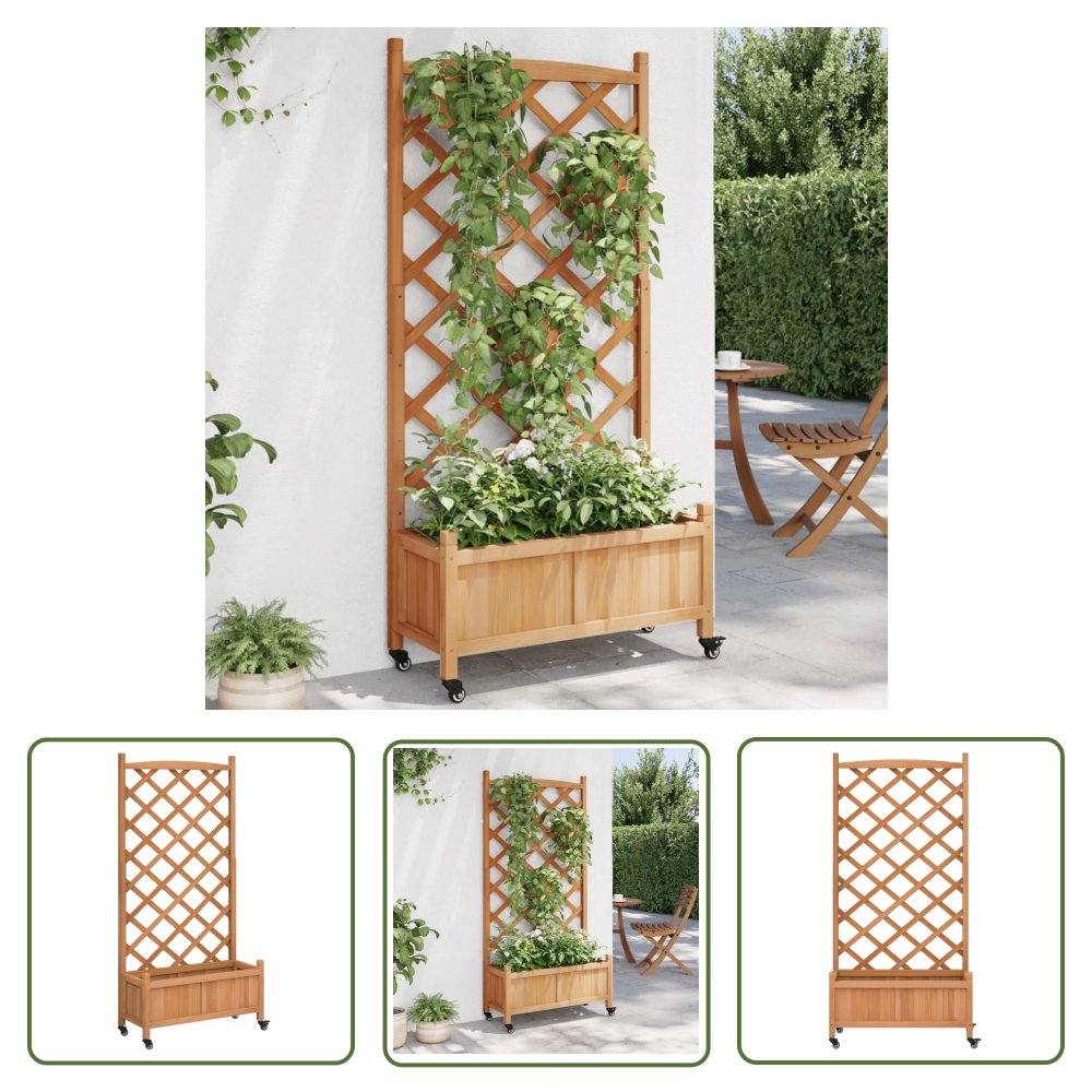 The Living Store Donica z trejażem i kółkami - brązowa - lite drewno jodłowe - Skrzynia Na Rośliny
