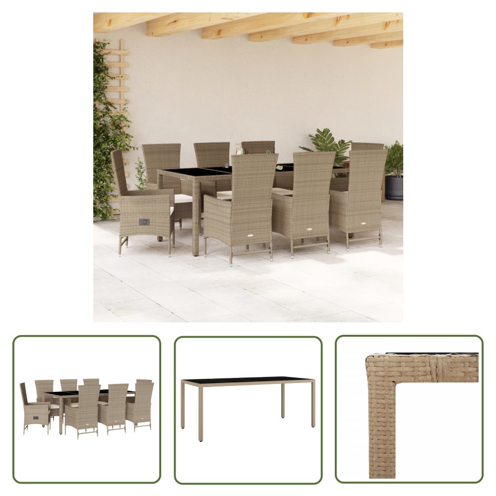 The Living Store 9-cz. zestaw mebli ogrodowych z poduszkami - beżowy - polirattan - Meble Ogrodowe