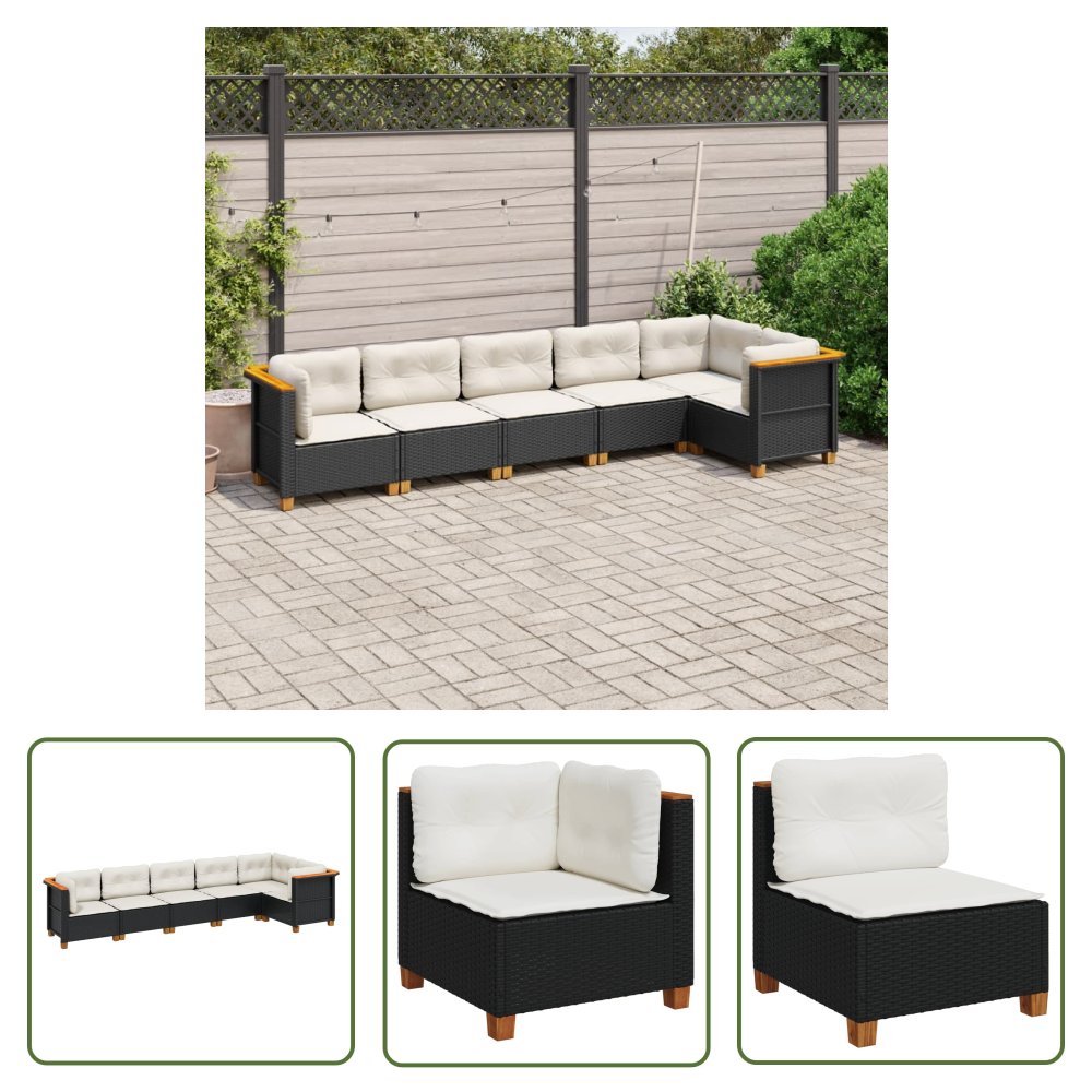 The Living Store 6-cz. zestaw mebli ogrodowych z poduszkami - czarny polirattan - Sofa Ogrodowa