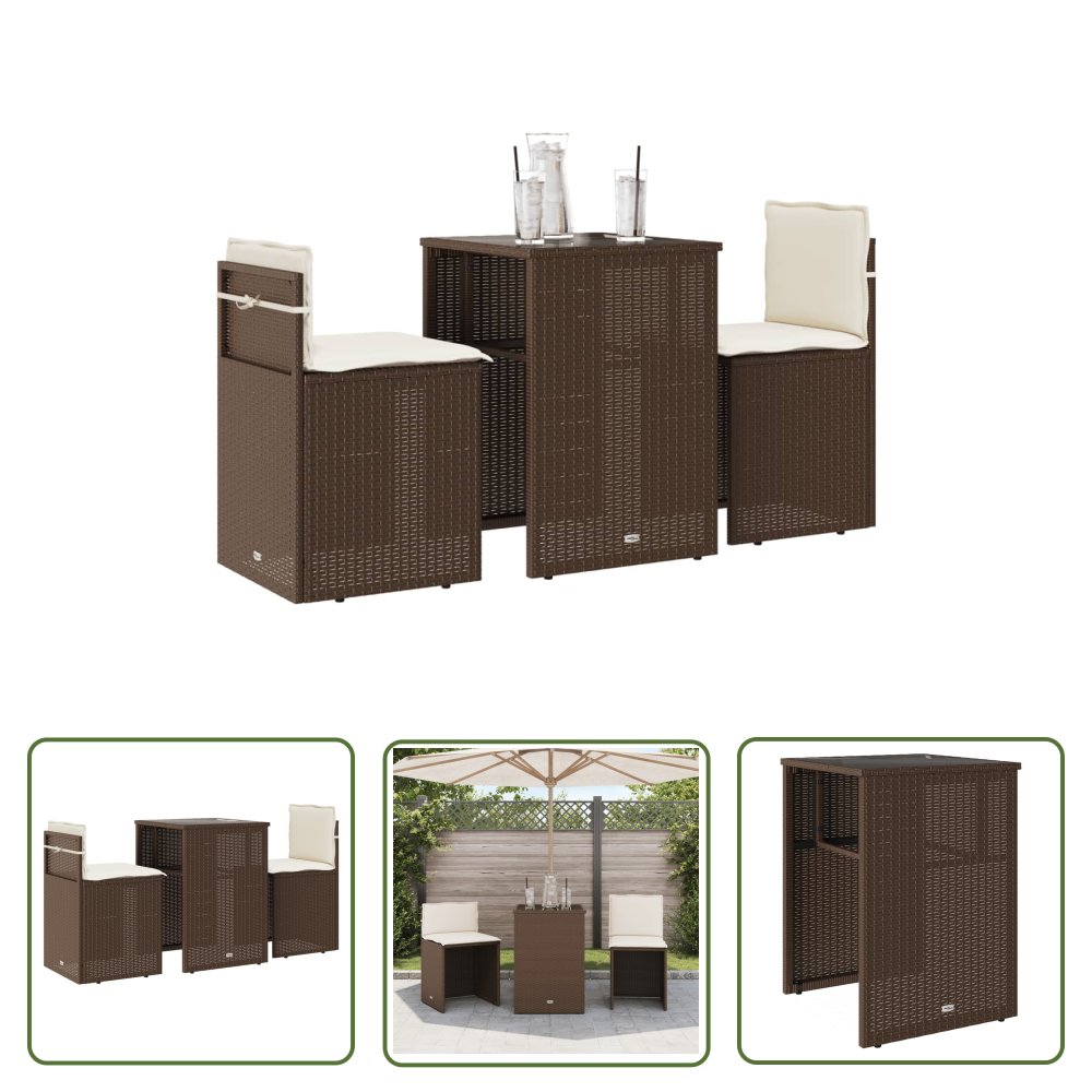 The Living Store 3-cz. zestaw mebli bistro z poduszkami - brązowy - polirattan - Meble Bistro