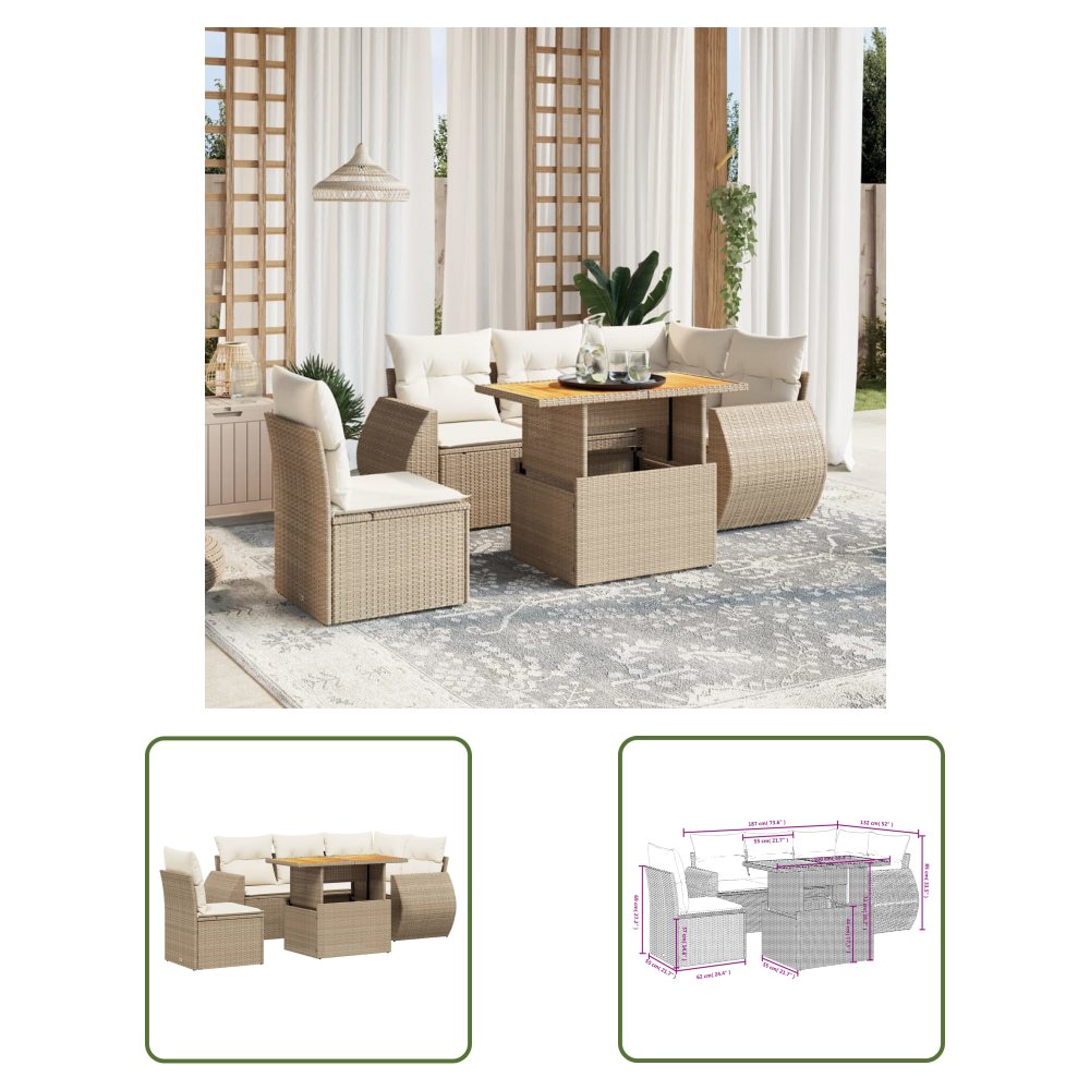 The Living Store 6-cz. zestaw mebli ogrodowych z poduszkami - beżowy - polirattan - Sofa Ogrodowa