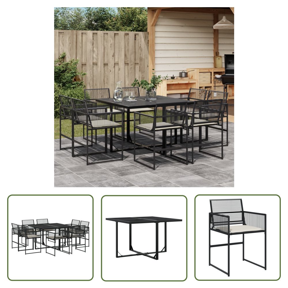 The Living Store 9-cz. zestaw mebli ogrodowych z poduszkami - czarny - rattan PE - Meble Ogrodowe