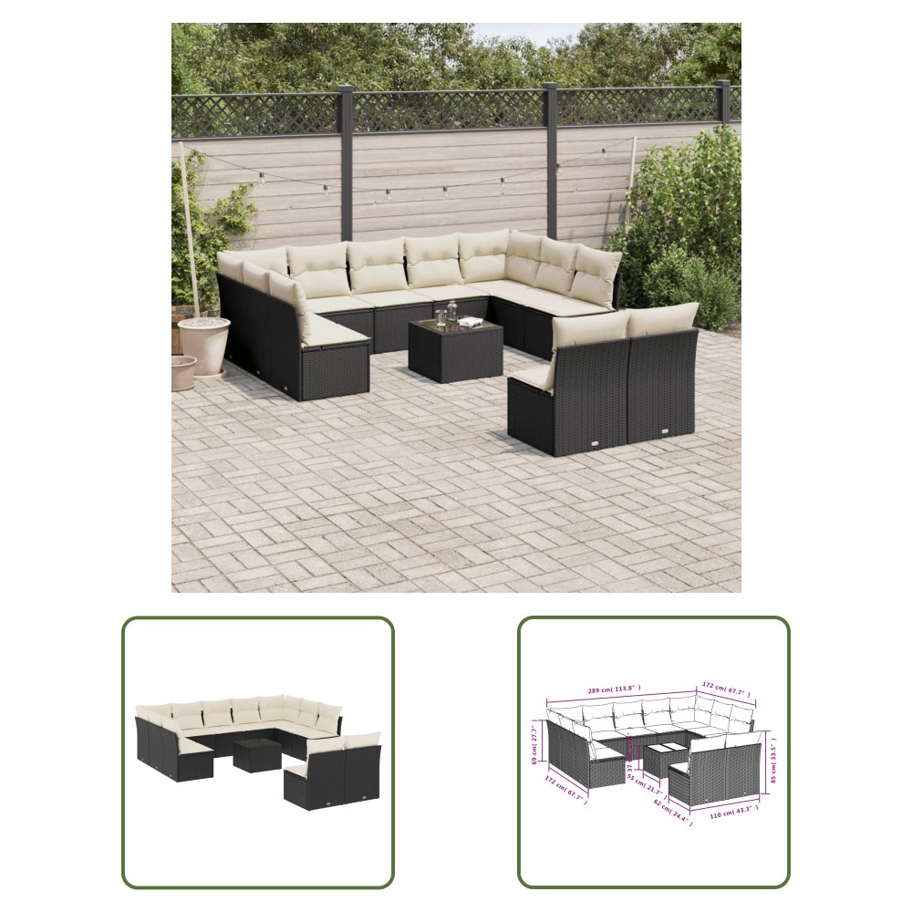 The Living Store 12-cz. zestaw mebli do ogrodu - z poduszkami - czarny - polirattan - Sofa Ogrodowa