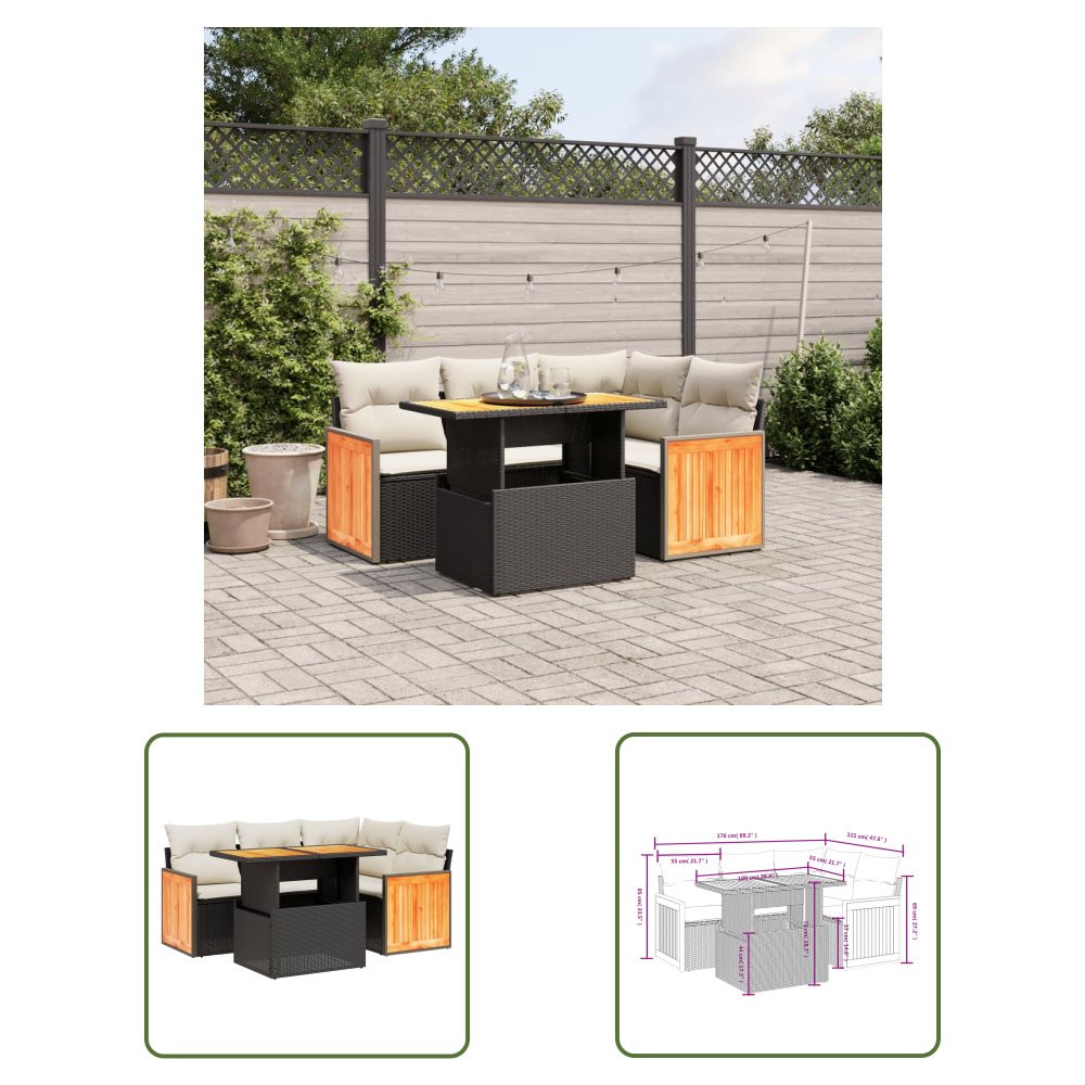 The Living Store 5-cz. zestaw wypoczynkowy do ogrodu - poduszki - czarny rattan PE - Sofa Ogrodowa