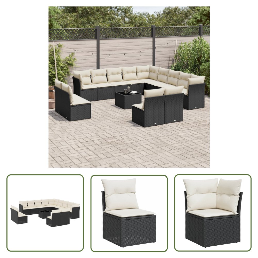 The Living Store 14-cz. zestaw wypoczynkowy do ogrodu - poduszki czarny rattan PE - Sofa Ogrodowa