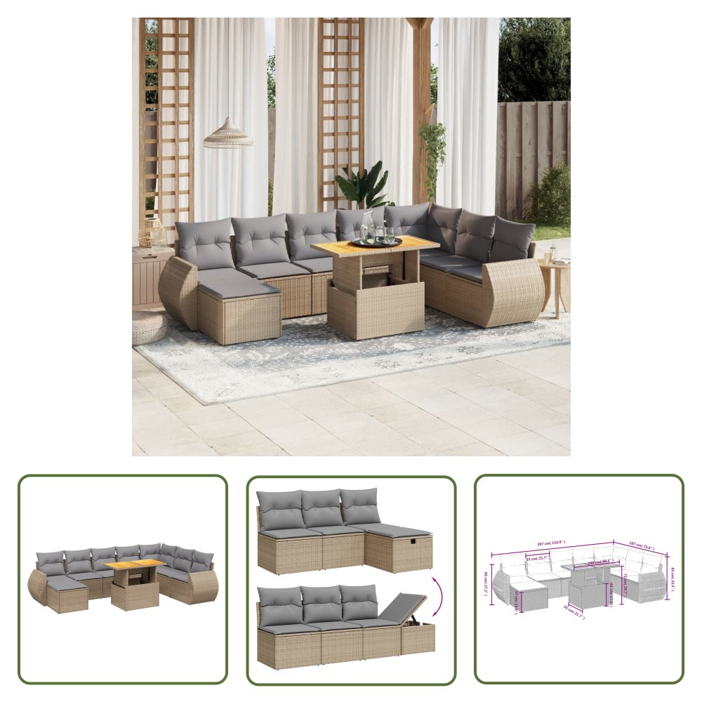 The Living Store 9-cz. zestaw mebli ogrodowych z poduszkami - beżowy - polirattan - Sofa Ogrodowa