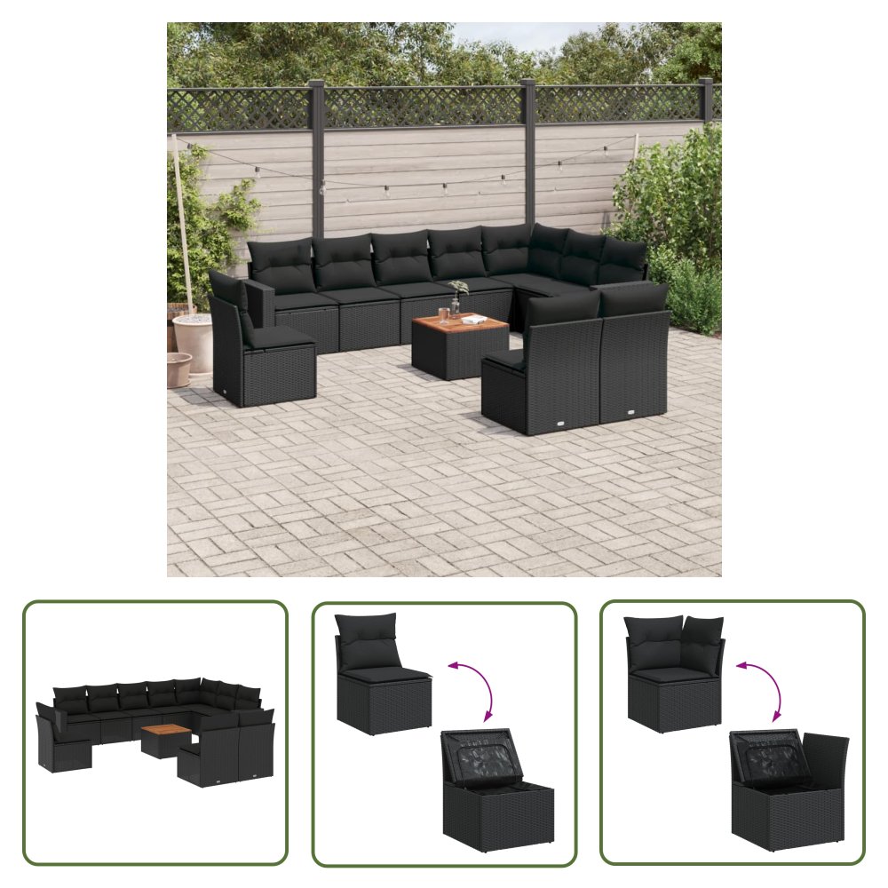 The Living Store 11-cz. zestaw wypoczynkowy do ogrodu - poduszki czarny rattan PE - Sofa Ogrodowa