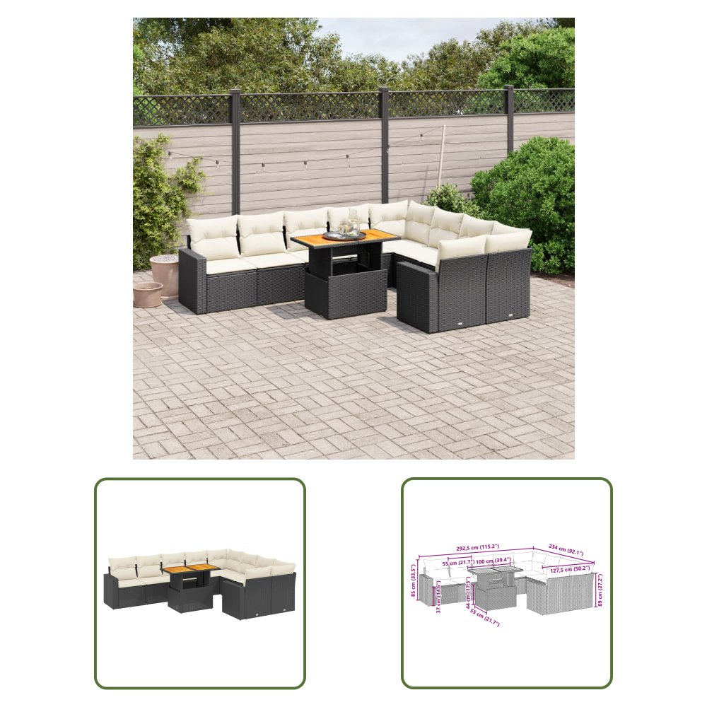 The Living Store 10-cz. zestaw wypoczynkowy do ogrodu - poduszki czarny rattan PE - Sofa Ogrodowa