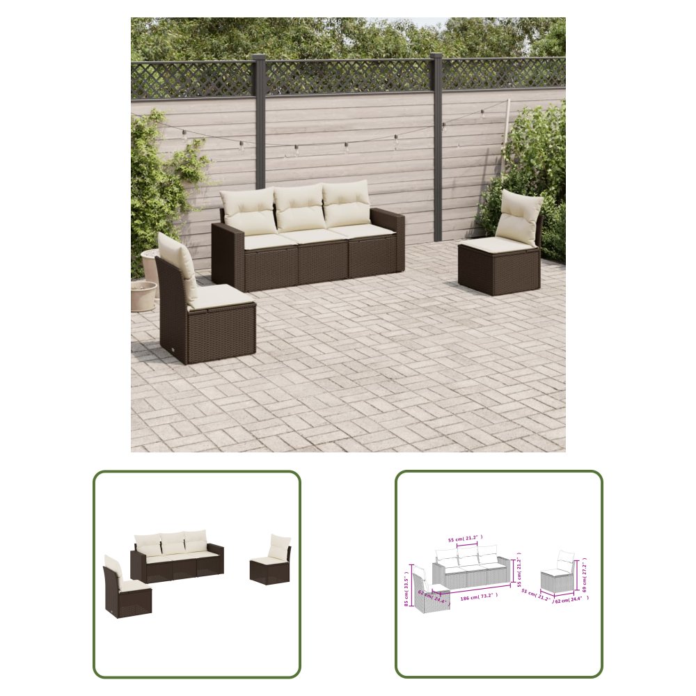 The Living Store 5-cz. zestaw mebli ogrodowych z poduszkami - brązowy - polirattan - Sofa Ogrodowa