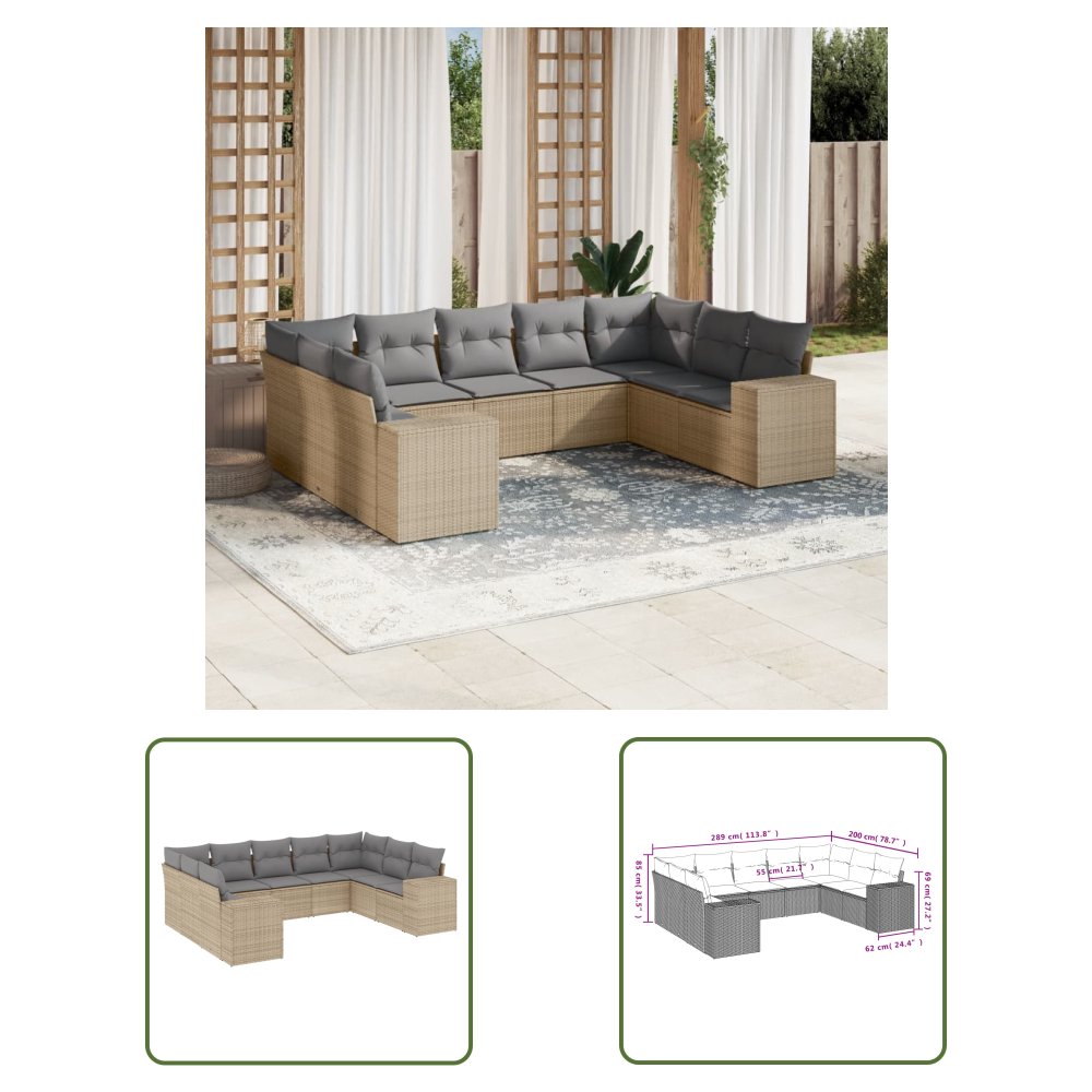 The Living Store 9-cz. zestaw mebli ogrodowych z poduszkami - beżowy - polirattan - Sofa Ogrodowa