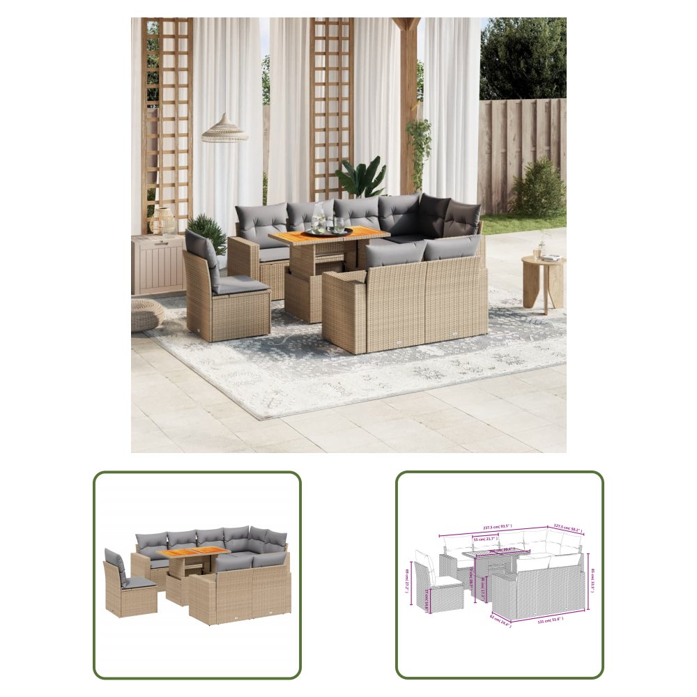 The Living Store 9-cz. zestaw mebli ogrodowych z poduszkami - beżowy - polirattan - Sofa Ogrodowa