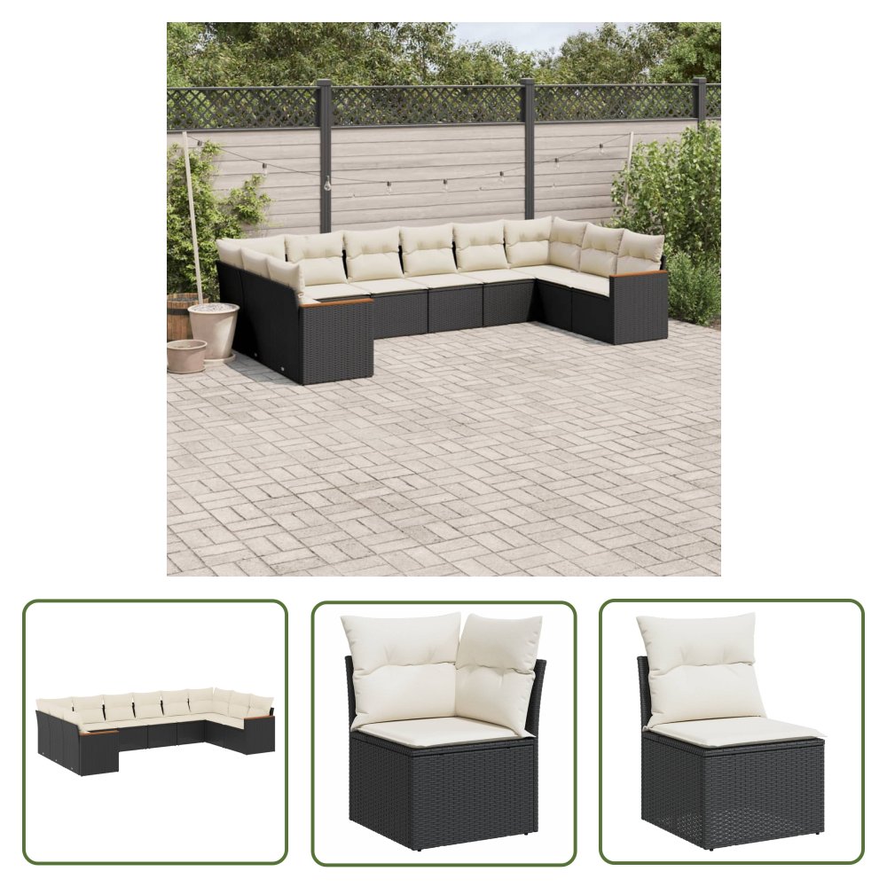 The Living Store 10-cz. zestaw wypoczynkowy do ogrodu - poduszki czarny rattan PE - Sofa Ogrodowa