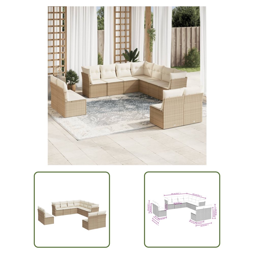The Living Store 11-cz. zestaw mebli ogrodowych z poduszkami - beżowy - polirattan - Sofa Ogrodowa