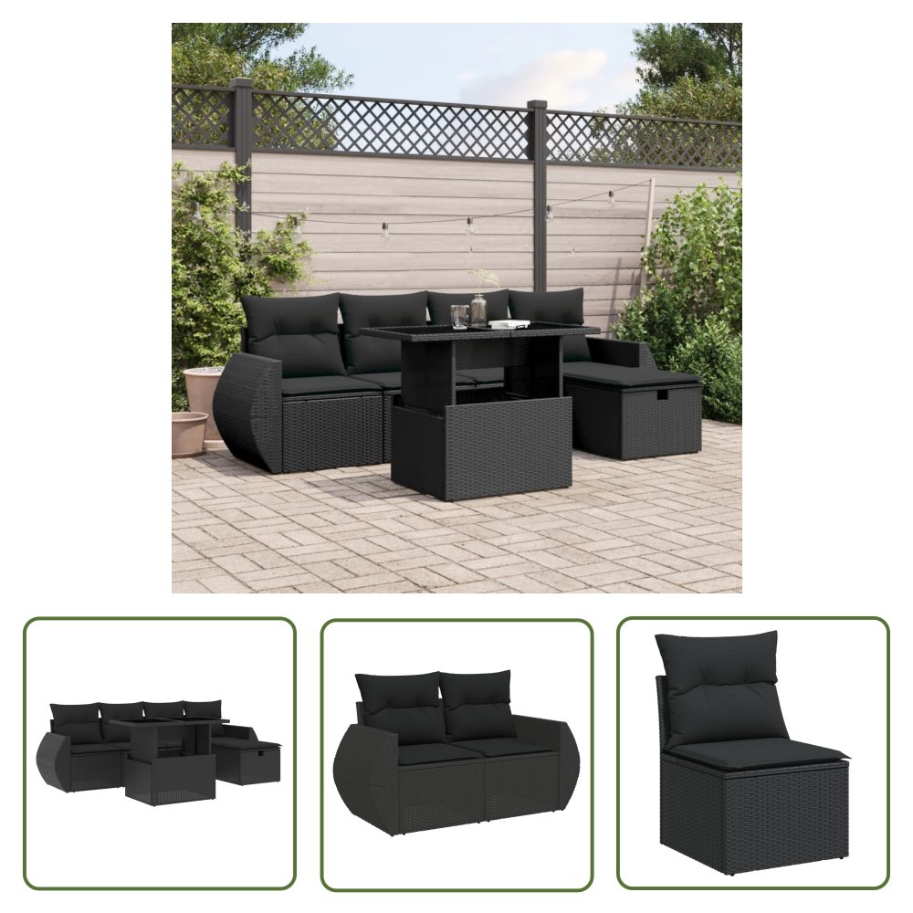 The Living Store 6-cz. zestaw mebli ogrodowych z poduszkami - czarny polirattan - Sofa Ogrodowa
