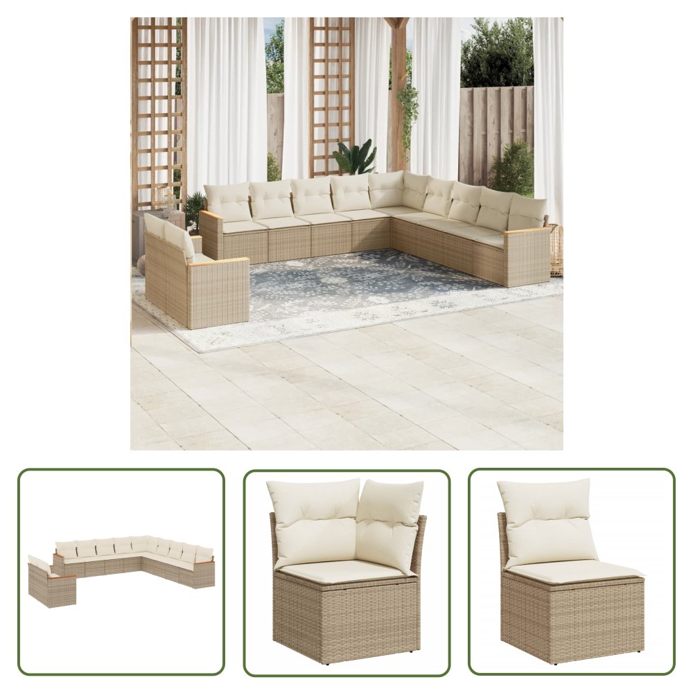 The Living Store 11-cz. zestaw mebli ogrodowych z poduszkami - beżowy - polirattan - Sofa Ogrodowa