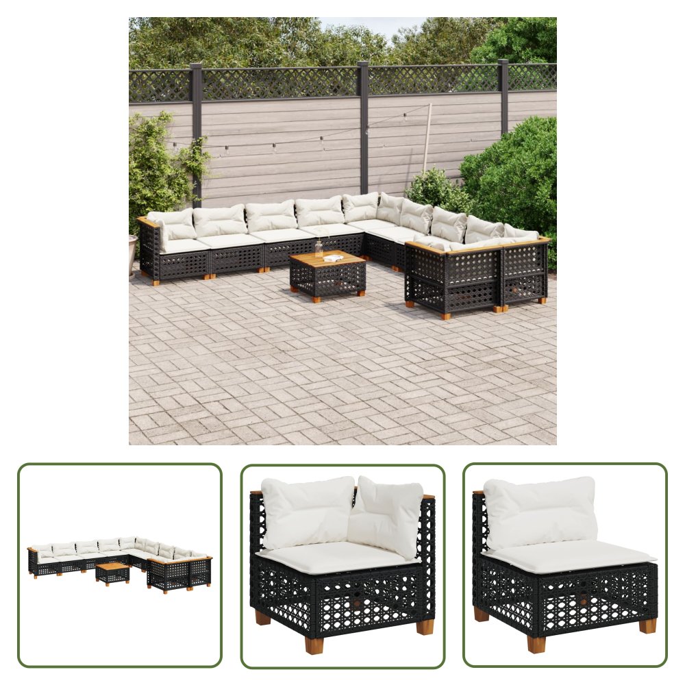 The Living Store 11-cz. zestaw wypoczynkowy do ogrodu - poduszki czarny rattan PE - Sofa Ogrodowa