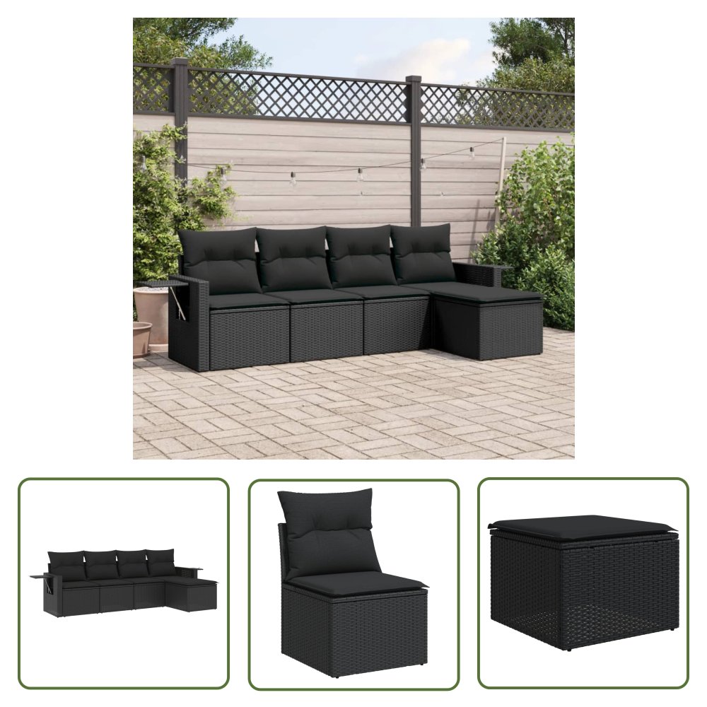 The Living Store 5-cz. zestaw wypoczynkowy do ogrodu - poduszki - czarny rattan PE - Sofa Ogrodowa