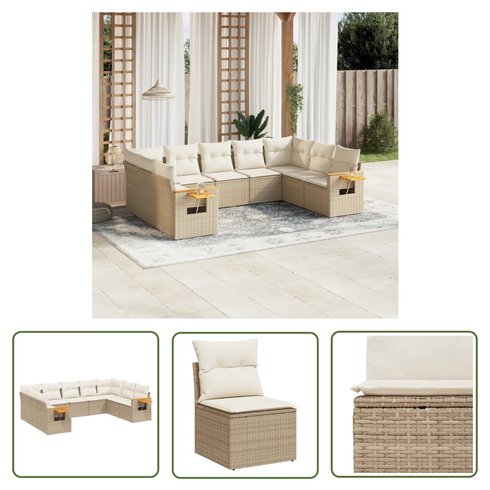 The Living Store 9-cz. zestaw mebli ogrodowych z poduszkami - beżowy - polirattan - Sofa Ogrodowa