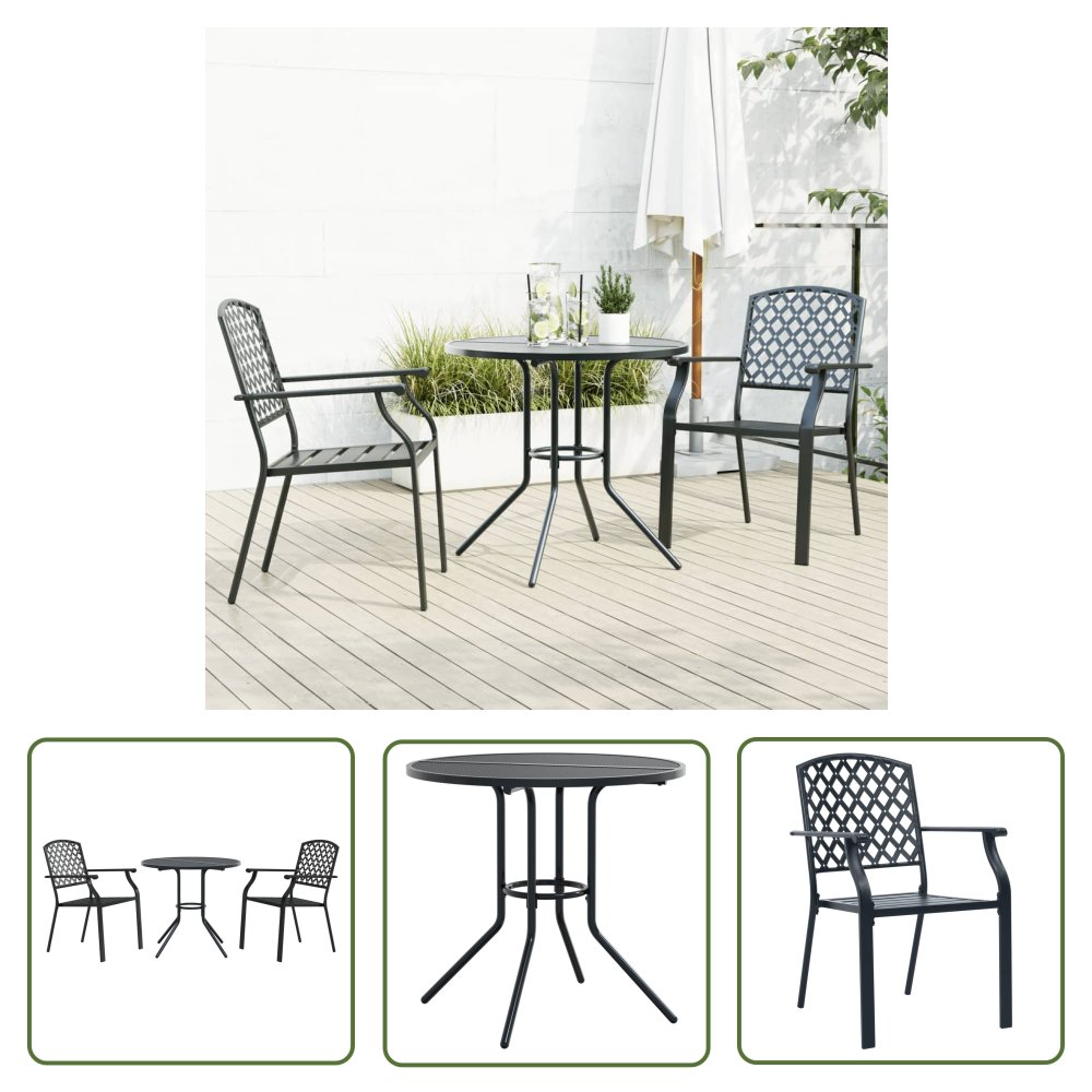 The Living Store 3-cz. zestaw z krzesłami sztaplowanymi - antracytowy - stal - Zestaw Mebli Ogrodowych