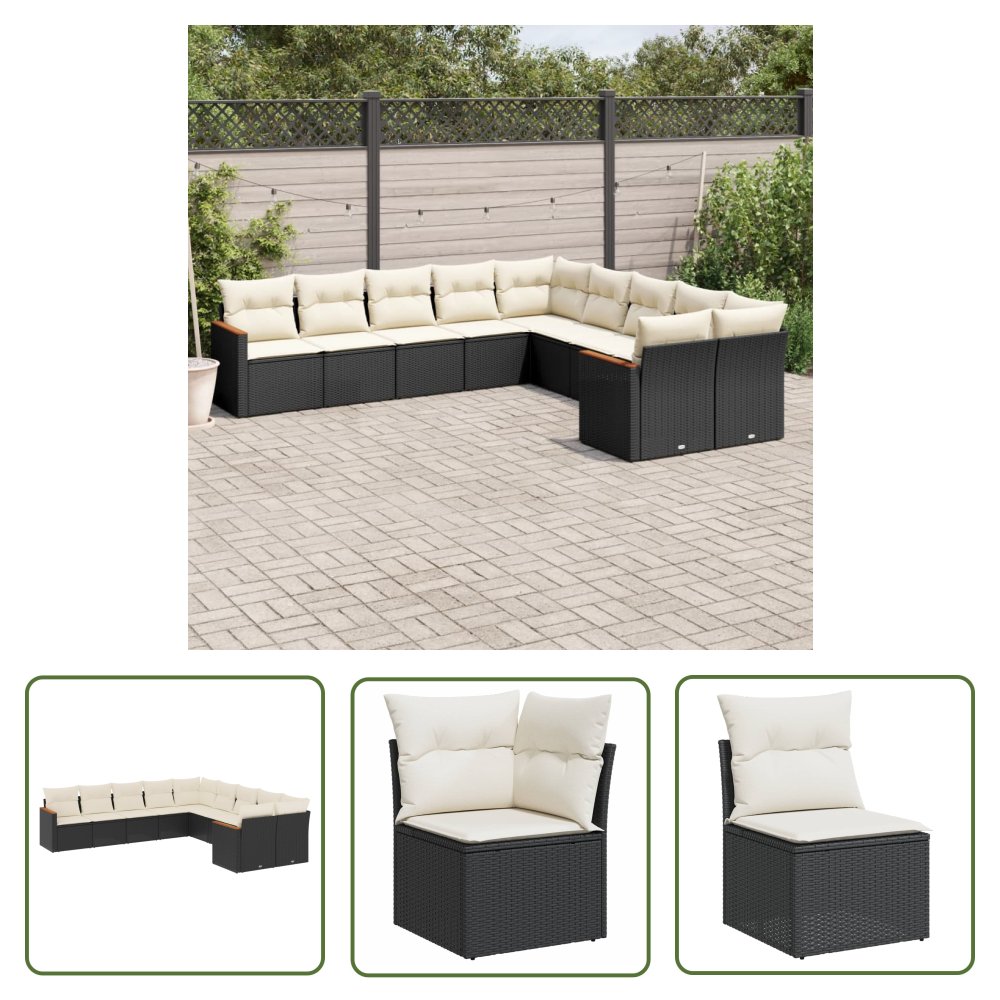 The Living Store 10-cz. zestaw wypoczynkowy do ogrodu - poduszki czarny rattan PE - Sofa Ogrodowa