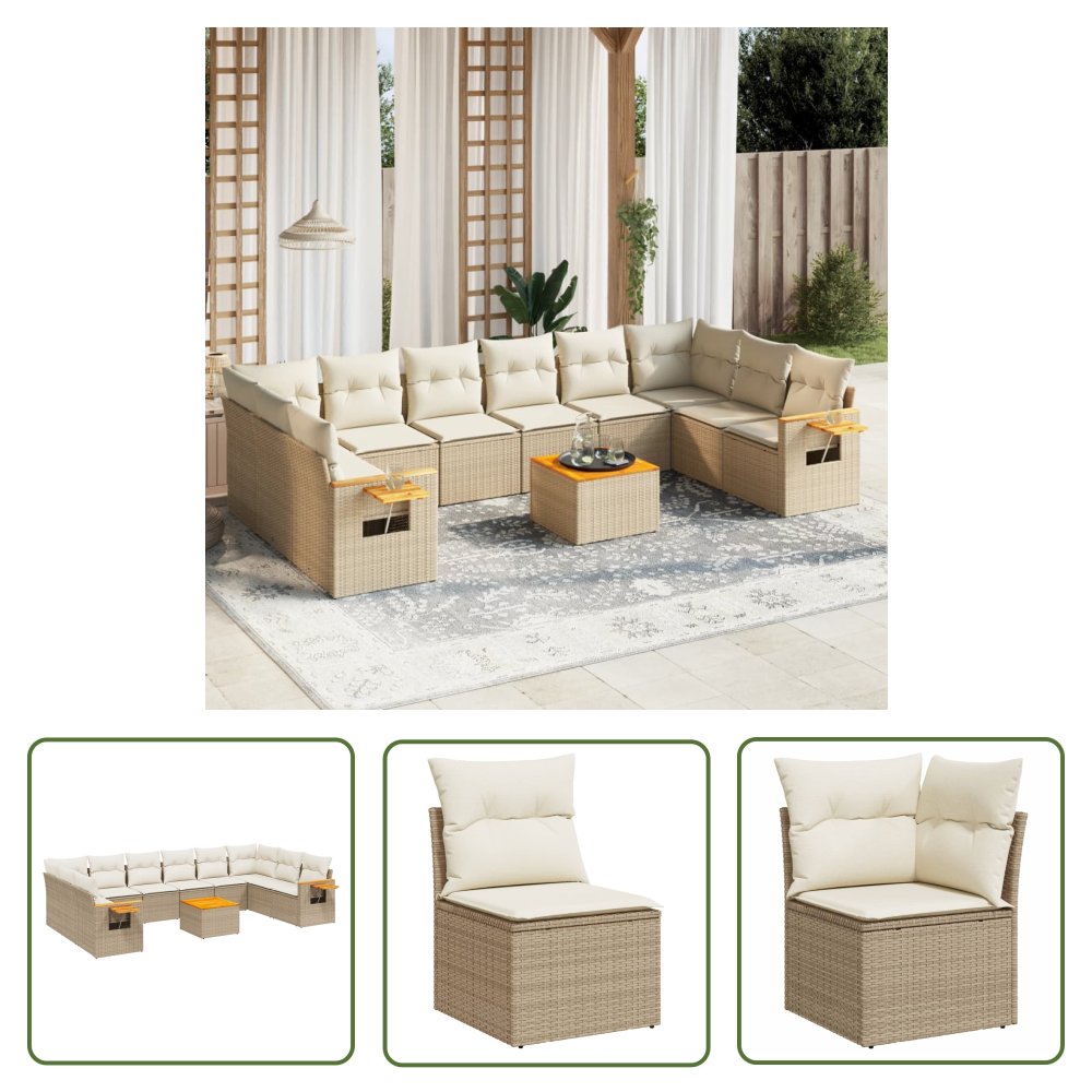 The Living Store 11-cz. zestaw mebli ogrodowych z poduszkami - beżowy - polirattan - Sofa Ogrodowa