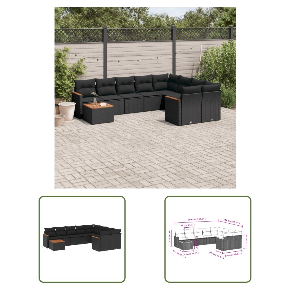 The Living Store 10-cz. zestaw wypoczynkowy do ogrodu - poduszki czarny rattan PE - Sofa Ogrodowa