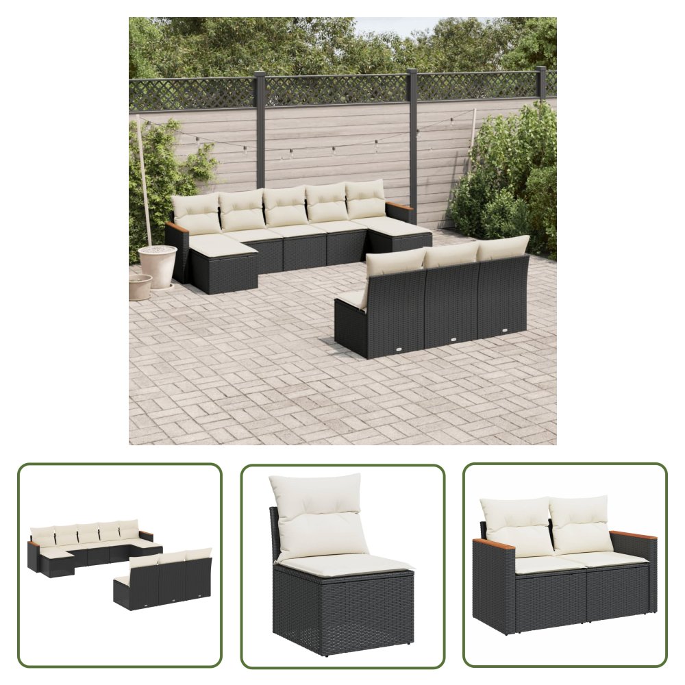 The Living Store 10-cz. zestaw wypoczynkowy do ogrodu - poduszki czarny rattan PE - Sofa Ogrodowa