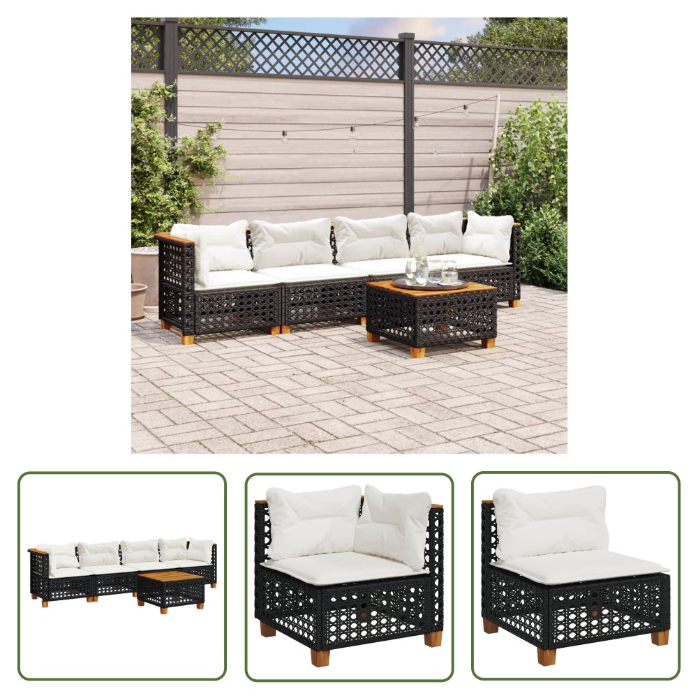 The Living Store 5-cz. zestaw wypoczynkowy do ogrodu - poduszki - czarny rattan PE - Sofa Ogrodowa