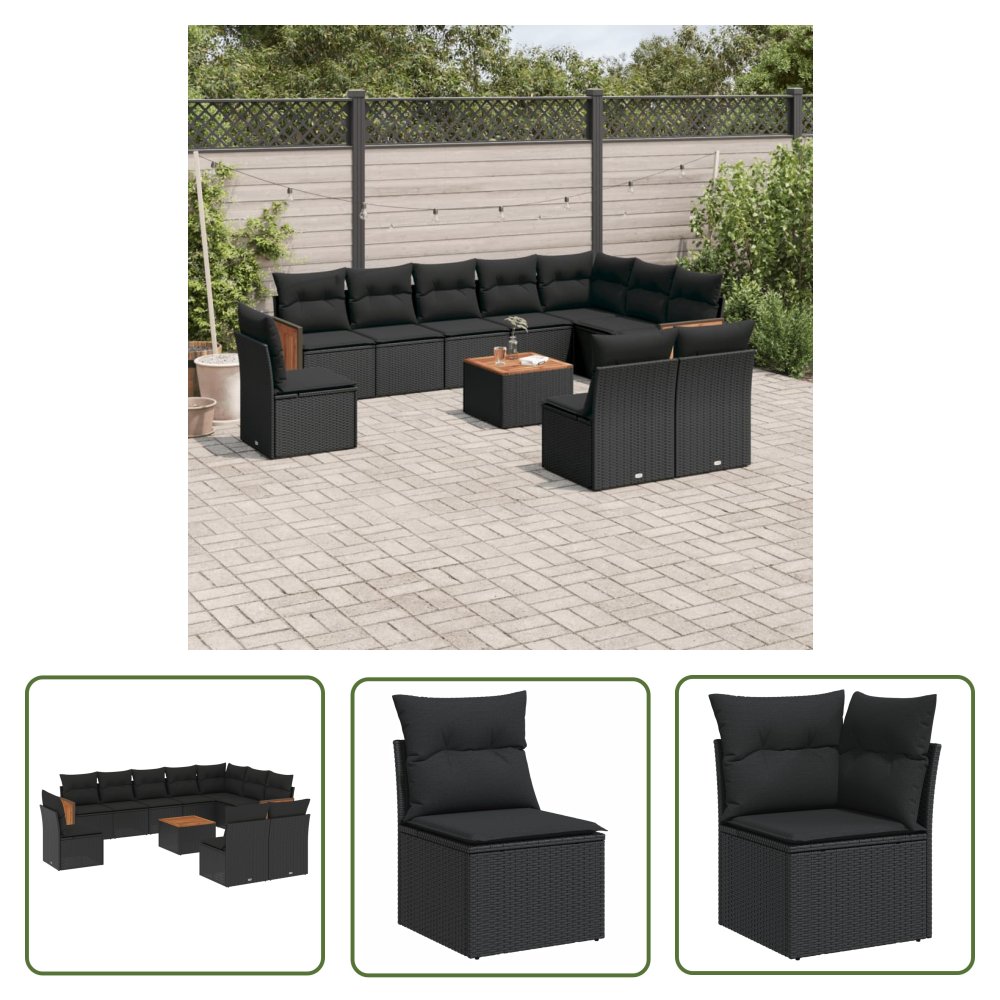 The Living Store 11-cz. zestaw wypoczynkowy do ogrodu - poduszki czarny rattan PE - Sofa Ogrodowa
